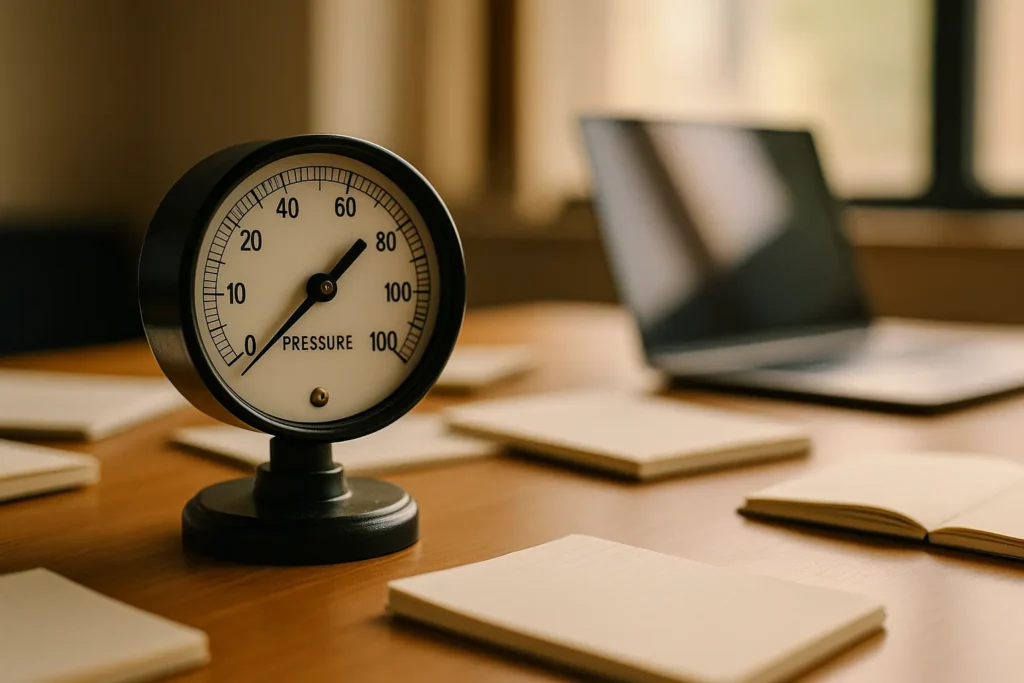 A desktop pressure gauge sits in sharp focus on a modern workspace with scattered notepads and a laptop, symbolizing pressure prompting in AI.